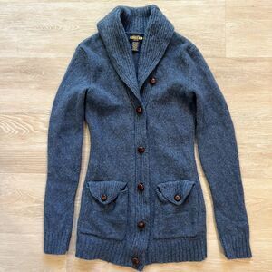 VTG Ralph Lauren Rugby 100% Shetland Wool Cardigan Sweater Blue Women's-Size S